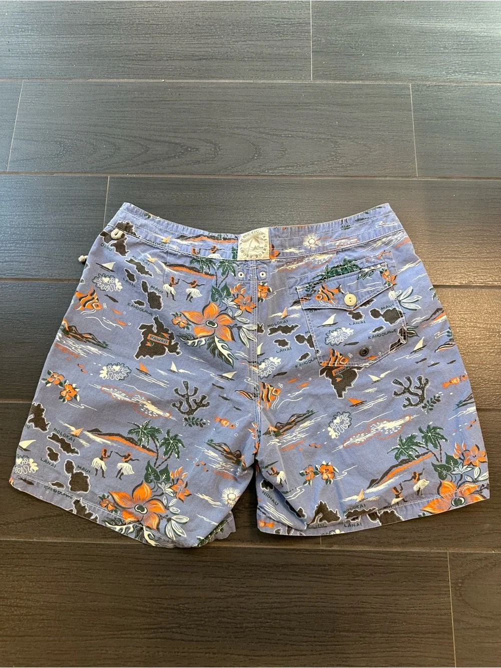 J. Crew Blue Hawaiian Map Print Swim Trunks with Orange Floral Accents